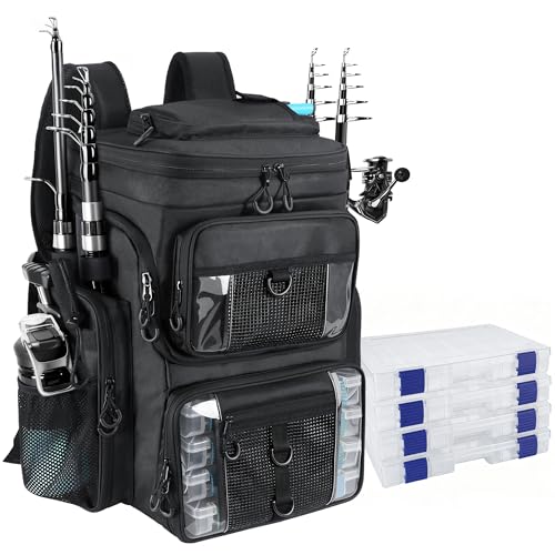 Fishing Backpack with 4 Tackle Boxes, 55L Large Tackle Box Backpack with 4 Rod Holders, Waterproof 900D Tackle Backpacks with Cooler & Clear Gear Windows, Fishing Gifts for Men Women, Black - color: Black (with 4Boxes)