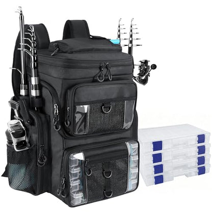 Fishing Backpack with 4 Tackle Boxes, 55L Large Tackle Box Backpack with 4 Rod Holders, Waterproof 900D Tackle Backpacks with Cooler & Clear Gear Windows, Fishing Gifts for Men Women, Black - color: Black (with 4Boxes)