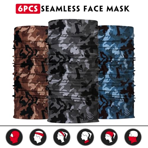Neck Gaiter for Men Women Headwear Bandana Head Wrap Face Scarf Mask Cover Warmer Balaclava-Seamless & Versatile - color: A-6pcs-classic Camo 3