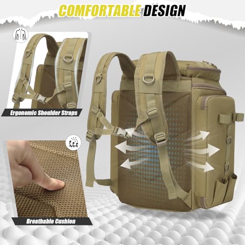 HAMBOLY Fishing Backpack 45L with Rod Holders, Water-Resistant Tackle Backpack for Fishermen, Large Capacity Fishing Gear Bag for Travel Hiking Camping - color: Brown (4 Tackle Boxes Included)