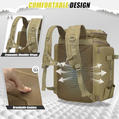 HAMBOLY Fishing Backpack 45L with Rod Holders, Water-Resistant Tackle Backpack for Fishermen, Large Capacity Fishing Gear Bag for Travel Hiking Camping - color: Brown (4 Tackle Boxes Included)