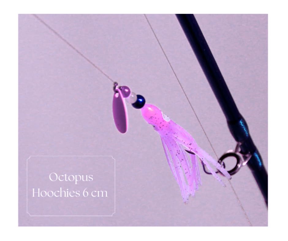 Squid Fishing Hoochies 10 Pack -Glow Fresh Water Kokanee Salmon Trolling Lures with Pre-Rigged Octopus Hooks - Spinner Blades, Synthetic Skirts Kokanee Hoochies for Salmon Fishing - style: Think Pink Hoochies 10 Pack