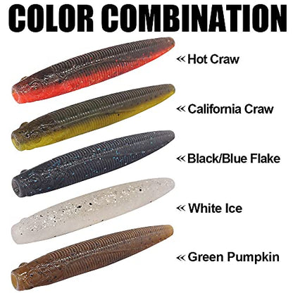 Ned-Rig-Kit-Finesse-Baits-Soft-Plastic-Worms-Fising-Lure for Bass Stick Swimbait Minnow Crawfish Lures Shroom Ned Jig Head Kit - color: 35-Piece 2.75'' #01 Stick Worms Ned Rig Kit