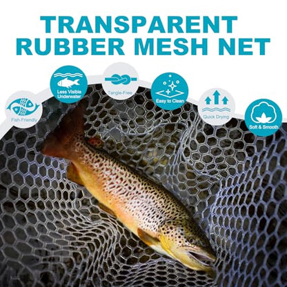 Maxcatch Fly Fishing Landing Net, Carbon Fiber Frame, Rubber Mesh, with Magnetic Net Release, for Trout Bass Catch and Release - style: Long Handle