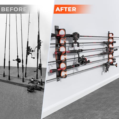 KastKing SafeGuard LS Horizontal Fishing Rod Rack with Line Spooler – Wall or Ceiling Mount, Holds 6 Rods & Combos in 18", No-Twist Fishing Rod Holder with Spooler & Cutter (Spinning & Baitcasting) - color: B:Upgraded w/ Spooler, 1 Pack(store 6 rods)