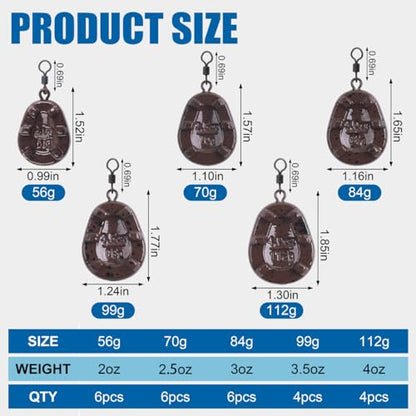 Carp Fishing Weight Sinkers,Coated Tapered Flat Pear Carp Fishing Sinkers with Rolling Swivel Carp Coarse Fishing Gear Tackle 2oz 2.5oz 3oz 3.5oz 4oz - size: 2oz-6pcs, style: Flat Pear Shape