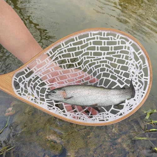 Portable Wooden Fly Fishing Net with Soft Silicone Mesh - Ideal for Trout & Bass Catch and Release - Essential Freshwater & Saltwater Gear for Anglers White Curved Handle Large - color: White Curved Handle