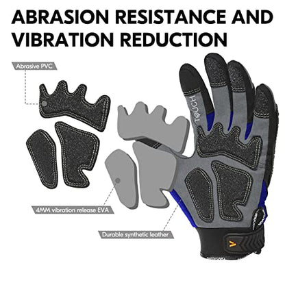 Vgo... 1-Pair Heavy Duty Synthetic Leather Work Gloves, Impact Protection Mechanic Gloves, Rigger Gloves, Vibration Reduction, Touchscreen Capable (Size L, Blue, SL8849) - color: Blue-regular, size: Large (1 Pair)