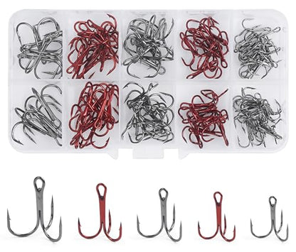Fishing Treble Hooks Kit, Sharp Replacement Treble Hooks for Lures Baits, High Carbon Steel Fishing Hooks with Stainless Steel Split Rings Set for Bass Trout Walleye Pike - color: Red+Black_100pcs
