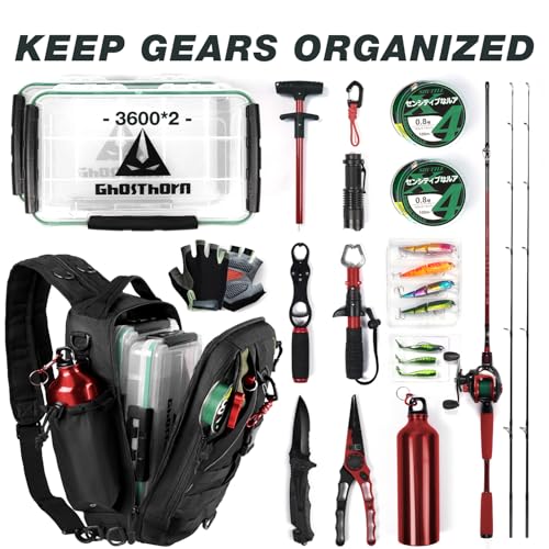 Ghosthorn Fishing Backpack with Tackle Boxes Fish Lip Gripper Pliers Lures Waterproof Tackle Bag with Rod Holder Fishing Gear - color: Black, size: Large