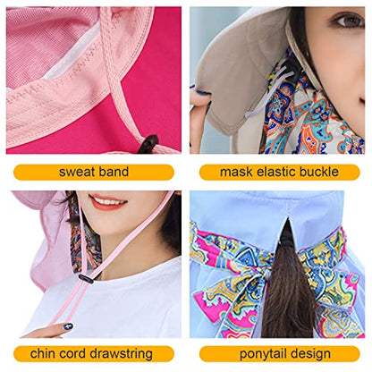 Women Wide Brim Face Mask Sun Hat Detachable Neck Face Flap Ponytail UV Protection Visor Hat Garden Fishing Hiking - color: M9099-tianlan