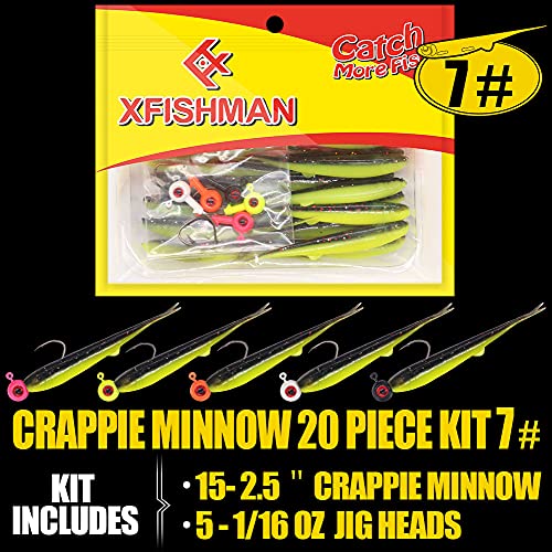 Crappie-Baits- Plastics-Jig-Heads-Kit-Minnow-Fishing-Lures-for Crappie-Panfish-Bluegill-20Piece Kit - 15 Bodies- 5 Crappie Jig Heads - color: #07 TuxedoBlack-Chartreuse