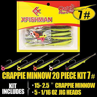 Crappie-Baits- Plastics-Jig-Heads-Kit-Minnow-Fishing-Lures-for Crappie-Panfish-Bluegill-20Piece Kit - 15 Bodies- 5 Crappie Jig Heads - color: #07 TuxedoBlack-Chartreuse