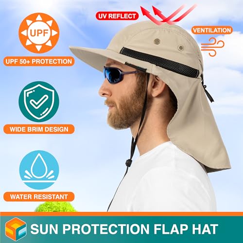 SUN CUBE UPF50+ Sun Hat for Men Women with Neck Flap, Wide Brim UV Protection Fishing Safari Hat for Hiking Beach Gardening - color: Tan