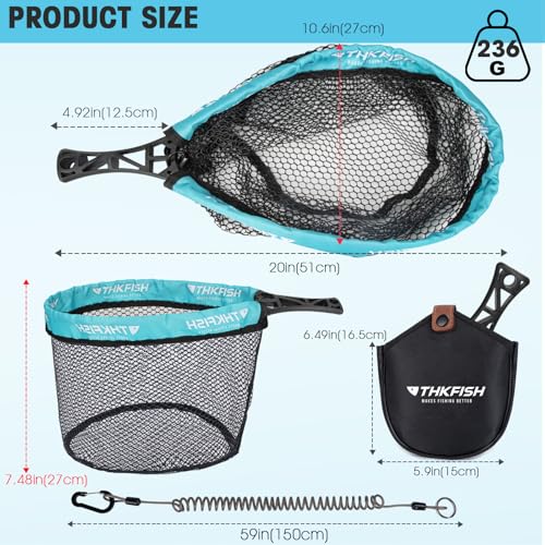 THKFISH Fly Fishing Landing Net, Foldable Landing Trout Net with ABS Handle,Rubber Coated Mesh Trout Net with Tackle Bag for Trout Bass Catch and Release, Portable Fly Fishing Gear,M/L - size: L-BLUE