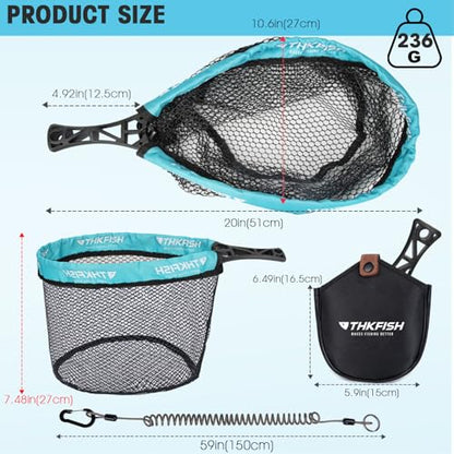 THKFISH Fly Fishing Landing Net, Foldable Landing Trout Net with ABS Handle,Rubber Coated Mesh Trout Net with Tackle Bag for Trout Bass Catch and Release, Portable Fly Fishing Gear,M/L - size: L-BLUE