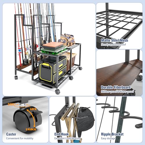 Miratino Fishing Rod Holders for Garage, 24 Rod Fishing Pole Rack Cart with Wheels, Fishing Rod Storage Organizer with Shelves, Rolling Tackle Storage Rack for Fishing Gear, Garage Basement Shed