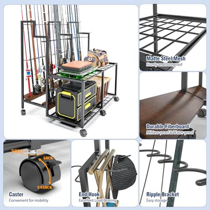 Miratino Fishing Rod Holders for Garage, 24 Rod Fishing Pole Rack Cart with Wheels, Fishing Rod Storage Organizer with Shelves, Rolling Tackle Storage Rack for Fishing Gear, Garage Basement Shed