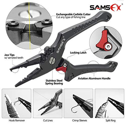 SAMSFX Aluminum Fishing Pliers Hook Remover Braid Line Cutter with Coiled Lanyard, Fly Fishing Knot Tying Tool & Retractors - color: Gray Handle, Split Ring Nose
