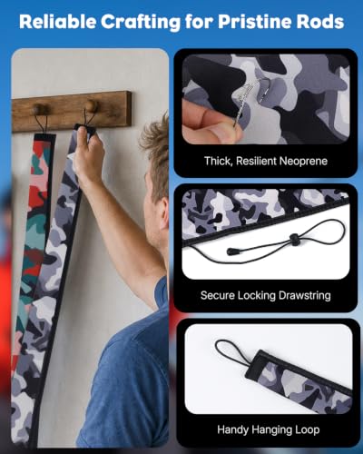 Pawfly Neoprene Fishing Rod Sleeve with Straps, Resistant Fishing Rod Socks | Lightproof Fishing Pole Sleeves, Fishing Rods Sleeve, for Transport, Storage, Protect Casting, Trolling & Spinning Rods - size: 65" - 4 Pack (w/ 4 Straps)