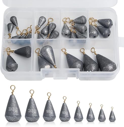 Realure 25Pcs Assorted Iron Fishing Sinkers with Built-in Swivel, 8 Sizes 2g-30g Small Mixed Weights, Freshwater Lake Inshore Saltwater Bottom Rig Tackle for Bass Walleye Mackerel Perch