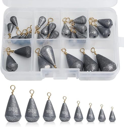 Realure 25Pcs Assorted Iron Fishing Sinkers with Built-in Swivel, 8 Sizes 2g-30g Small Mixed Weights, Freshwater Lake Inshore Saltwater Bottom Rig Tackle for Bass Walleye Mackerel Perch