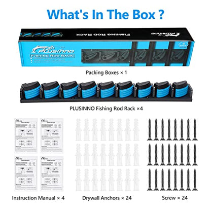 PLUSINNO 4 Pack Vertical Fishing Rod Rack, Wall Mounted Fishing Rod holder, 4 Packs Fishing Pole Holders Hold Up to 36 Rods or Combos, Fishing rod holders for garage, Fishing Gear and Gifts for Men - style: Blue 4-pack (store 36 combos)