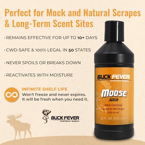 Buck Fever Moose Juice, Syntheticly Formulated Moose Attractant - Non-Spoiling Synthetic Bull Scent for Outdoor Trail Camera - Early Season Mature Buck Hunting Scents - size: 8 Fl Oz (Pack of 1)