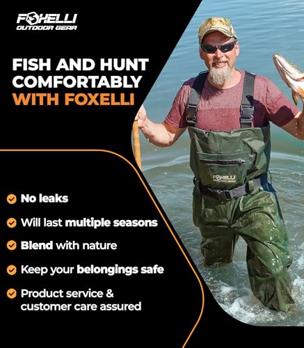 Foxelli Chest Waders – Waterproof 2-ply Nylon/PVC Camo Hunting Fishing Waders for Men and Women with Boots - color: Green, size: 10