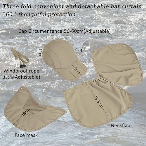 2Pack Men’s Foldable Sun Hat with Removable Face Mask & Neck Flap, UPF 50+ UV Protection, Quick-Drying Outdoor Fishing Cap - color: Dark Grey+khaki