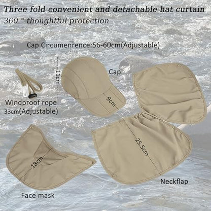 2Pack Men’s Foldable Sun Hat with Removable Face Mask & Neck Flap, UPF 50+ UV Protection, Quick-Drying Outdoor Fishing Cap - color: Dark Grey+khaki