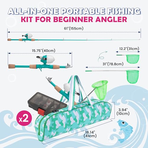 Kids Fishing Pole, Portable Telescopic Kids Fishing Poles for Boys Girls Youth, Fishing Rod and Reel Combo - color: Turquoise+Metallic Pink