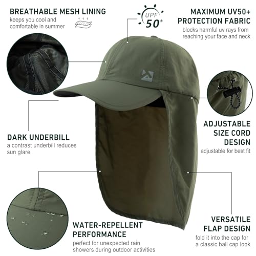 TOP-EX L/XL/XXL UV50+ Waterproof Neck Flap Baseball Sun Cap - color: Olive Green, size: XX-Large