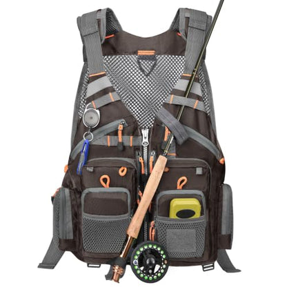 Gonex Fly Fishing Vest for Men Women, Comfortable Adjustable Fishing Vest with Multi-Pockets Reflective Stripes - color: Dark Brown