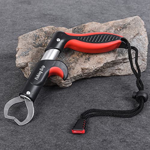 Pistol Grip Stainless Steel Fish Lip Gripper, Portable Handheld Fish Lip Clip with Lanyard, Freshwater Saltwater Fishing Fish Holder for Anglers (Red)