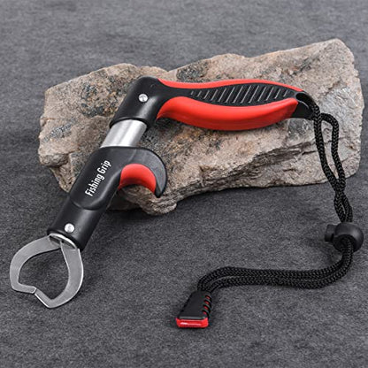 Pistol Grip Stainless Steel Fish Lip Gripper, Portable Handheld Fish Lip Clip with Lanyard, Freshwater Saltwater Fishing Fish Holder for Anglers (Red)