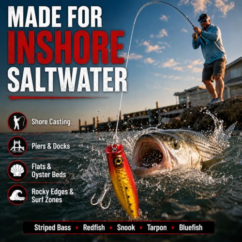 Topwater Popper Fishing Lure, 4in 0.81oz ABS Floating Saltwater Bait with BKK 3X #4 Treble Hooks, Foil-Stamped Finish for Inshore Striped Bass Redfish Snook Tarpon - color: A2-1PCS/0.81OZ-4"
