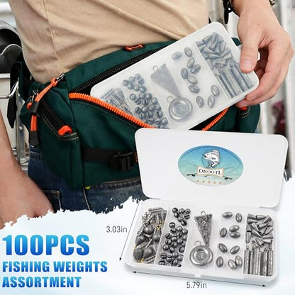 Fishing Weights Sinkers Kit, 100pcs Fishing Sinkers Assortment Includes Bullet Sinkers Disc Pyramid Weights Drop Shot Weight Split Shot Egg Sinkers for Saltwater Freshwater with Tackle Box