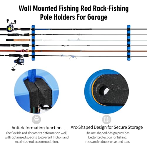 DZrudun Horizontal Fishing Rod Holder for Garage Wall Mounted - 2 Pack (12 Rods) Fishing Pole Storage Rack with EVA Grip, Interlocking Fishing Pole Holders for Garage Organization, Best Fish Gifts Men - style: Horizontal Blue, 2 Pair