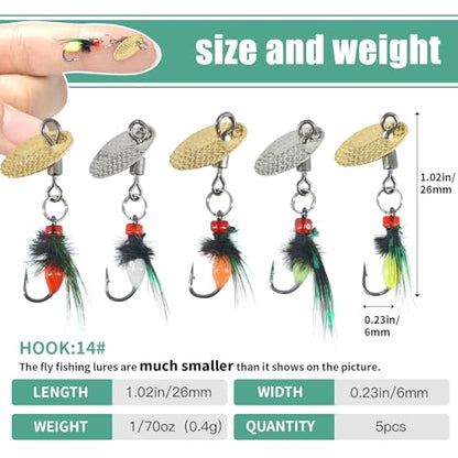 5-Pack Artificial Fly Fishing Lures with Spinner Blades, Ideal for Bass, Trout, Sunfish & Pike Fishing