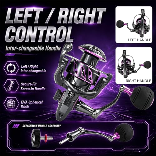 SOUGA Spinning Reel, Black Purple Metal Body Fishing Reel for Bass Pike Freshwater Light Saltwater, 9+1 BB, 5.2:1 Gear Ratio, CNC Aluminum Spool, Foldable Left Right Handle, EVA Knob,Size 1000-4000 - size: 1000