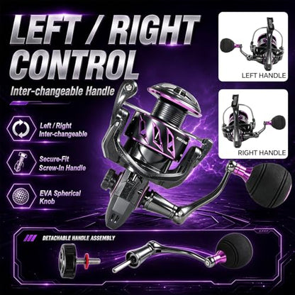 SOUGA Spinning Reel, Black Purple Metal Body Fishing Reel for Bass Pike Freshwater Light Saltwater, 9+1 BB, 5.2:1 Gear Ratio, CNC Aluminum Spool, Foldable Left Right Handle, EVA Knob,Size 1000-4000 - size: 1000