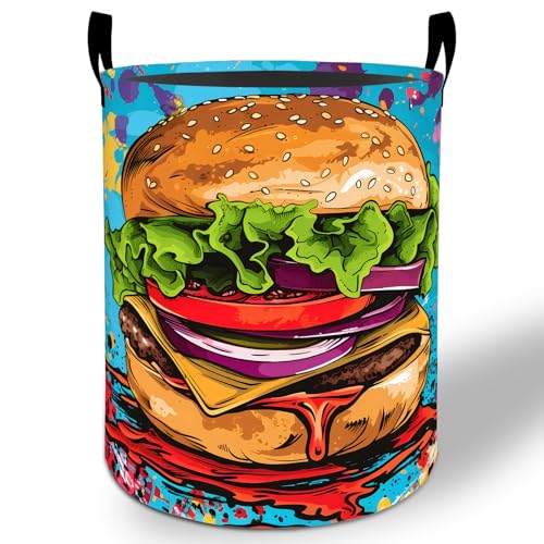 Cheeseburger Laundry Basket Hamper 19.7"x15.8", Food Art Foldable Waterproof Oxford Clothes Storage Bucket for Room Bathroom Bedroom Nursery Decor, Toy Organizer Bins Gifts for Kids Boys Girls - style: Cheeseburger