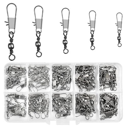 Realure 125 Pcs Barrel Snap Swivel Fishing Rolling Ball Bearing Swivels with Safety Snap 7# 8# 10# 12# 14# Quick Change Fishing Connector with Ball Bearing Swivels Snaps for Connecting Hooks & Lures