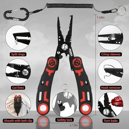 RUNCL 4pc Fishing Tool Kit- Fishing Pliers, Fish Fillet Knife with Sharpener, Fish Lip Gripper, Fishing Braid Scissors, Saltwater Fishing Gear and Equipment with Sheath/Lanyard, Fishing Gifts for Men - size: 5 inch