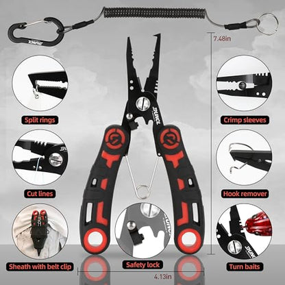RUNCL 4pc Fishing Tool Kit- Fishing Pliers, Fish Fillet Knife with Sharpener, Fish Lip Gripper, Fishing Braid Scissors, Saltwater Fishing Gear and Equipment with Sheath/Lanyard, Fishing Gifts for Men - size: 5 inch
