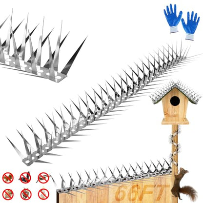 Bird Spikes 65 FT Anti Climb Spikes Stainless Steel Bird Squirrel Deterrent | Acts as squirrel baffles for bird feeders, stops squirrels stealing bird food - size: 65 FT