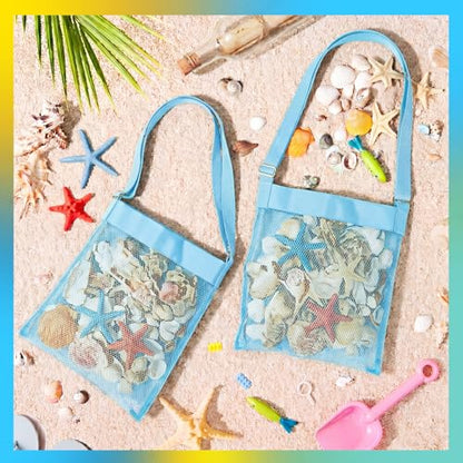 VioraWhite 2 Pcs Extra Large 14 x 16inch Clam Mesh Chum Beach Bags for Seashells Clams Treasures Sand Away Foldable Shell Collection Bags with Adjustable Straps (Blue) - color: Blue