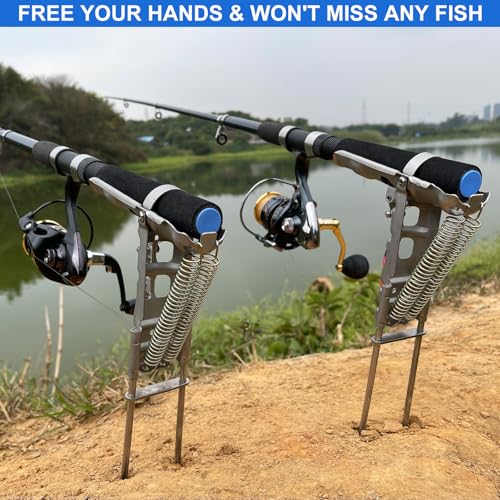 2 Pack Upgraded Automatic Spring Fishing Rod Holder with 10 Fishing Bells | Heavy-Duty Ground Stand for Saltwater/Freshwater, Fits Any Size Fish
