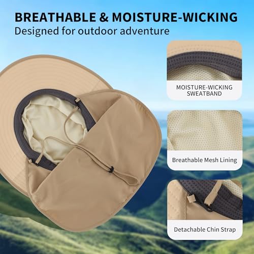 Connectyle Wide Brim Sun Hat for Men Women UPF 50+ Breathable Fishing Hat with Neck Flap Outdoor Hiking Safari Bucket Hats - color: Light Khaki